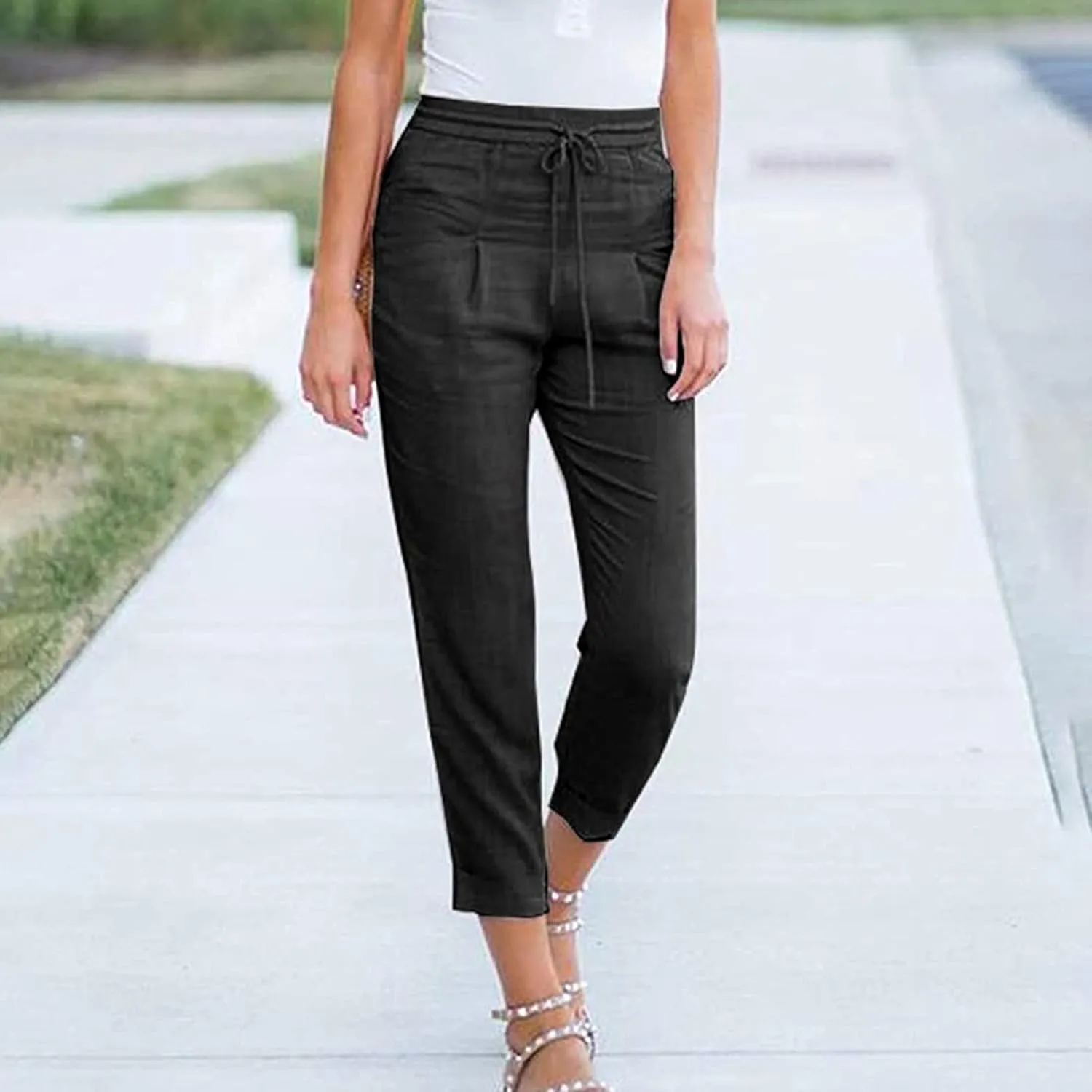 Elastic Waist Pants for Women 2024 Casual High Waist Pants Drawstring Comfort Slim Fit Pants with Side Pockets