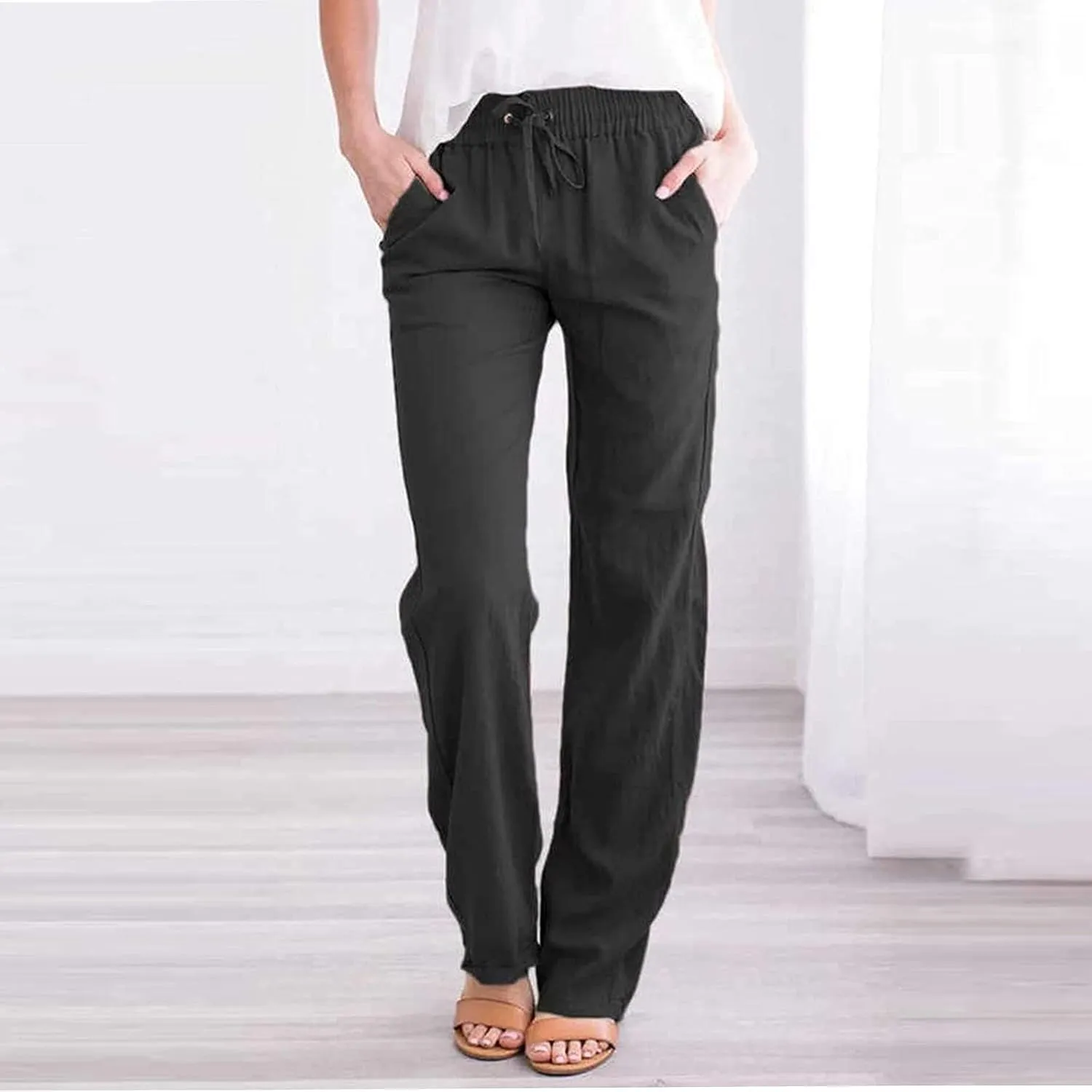 Elastic Waist Pants for Women 2024 Casual High Waist Pants Drawstring Comfort Slim Fit Pants with Side Pockets