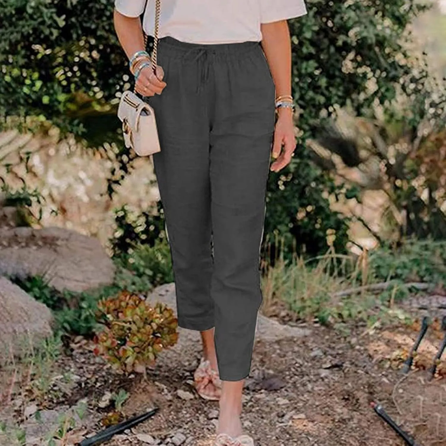 Elastic Waist Pants for Women 2024 Casual High Waist Pants Drawstring Comfort Slim Fit Pants with Side Pockets
