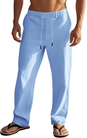 evzosrz Linen Pants fo Men Casual High Waisted Elastic Drawstring Trousers Straight Legs Cotton Linen Fashion 2025 Beach Pant