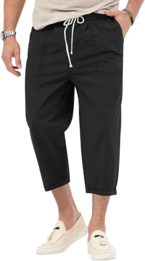 evzosrz Mens Capri Pants Cargo Shorts 3/4 Capri Long Shorts Twill Elastic Below Knee Drawstring Elastic Beach Yoga Pants