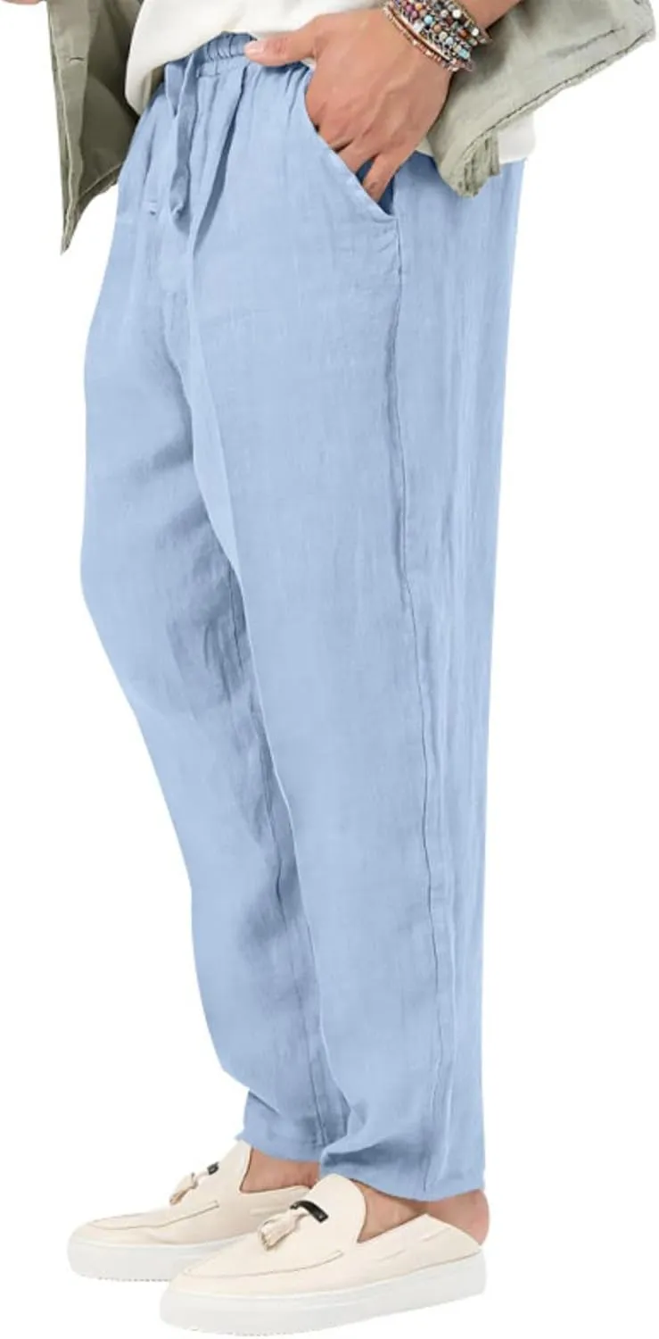 evzosrz Mens Casual Linen Cotton Pants Jogging Lightweight Elastic Waist Drawstring Trousers Yoga Beach Sweatpants Pockets
