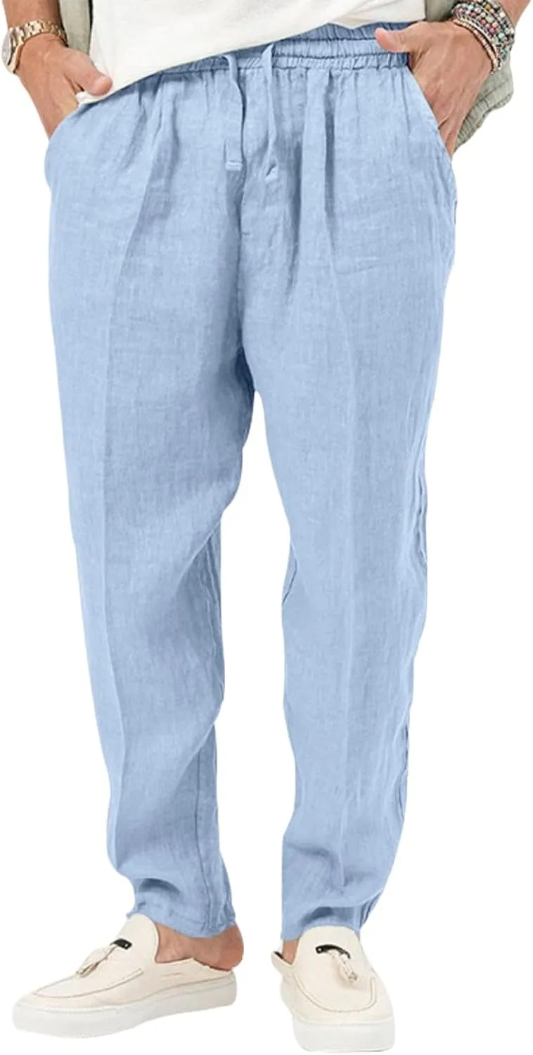 evzosrz Mens Casual Linen Cotton Pants Jogging Lightweight Elastic Waist Drawstring Trousers Yoga Beach Sweatpants Pockets