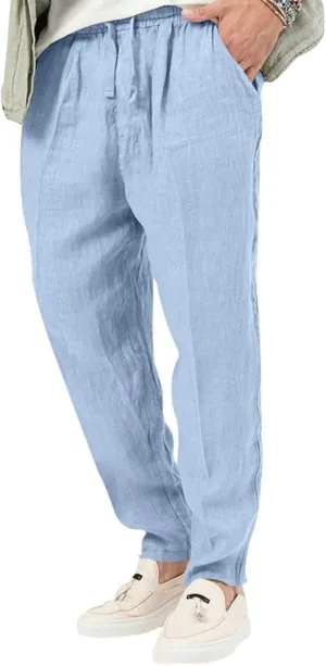 evzosrz Mens Casual Linen Cotton Pants Jogging Lightweight Elastic Waist Drawstring Trousers Yoga Beach Sweatpants Pockets