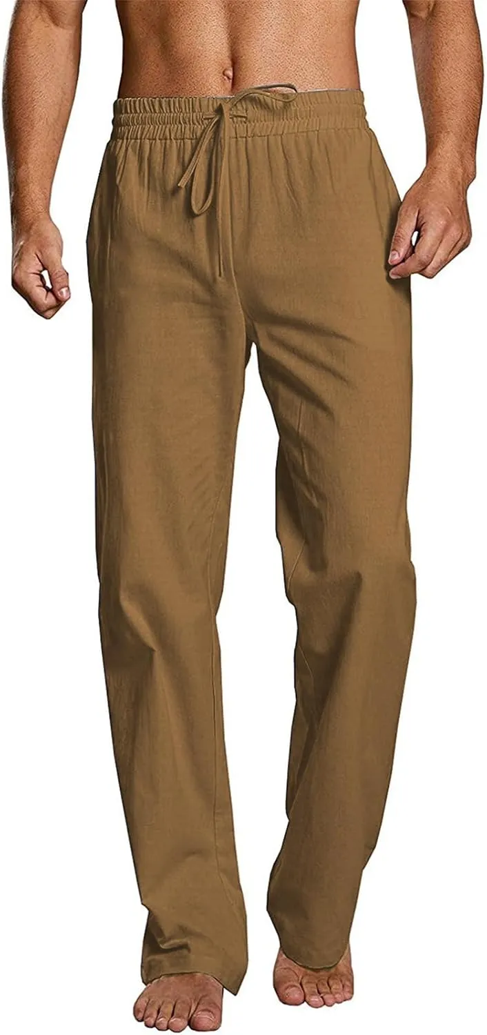 evzosrz Mens Casual Linen Pants Drawstring Elastic Waist Loose Fit Trousers Straight-Legs Yoga Beach Jogger Gym Sweatpants