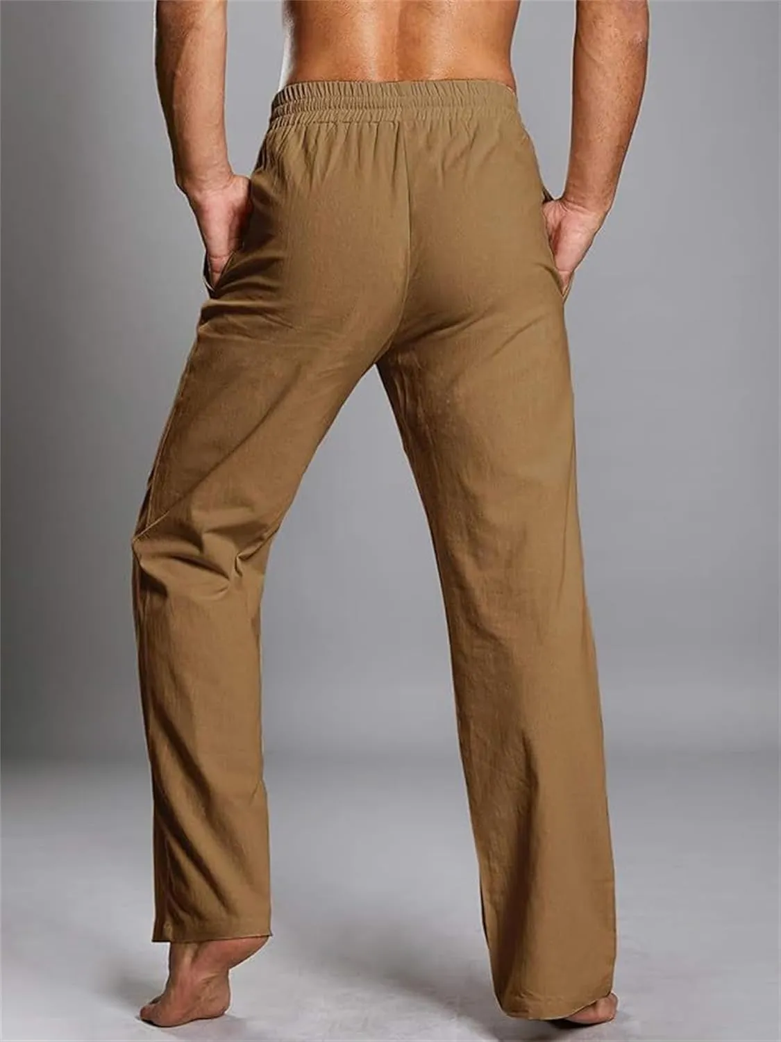evzosrz Mens Casual Linen Pants Drawstring Elastic Waist Loose Fit Trousers Straight-Legs Yoga Beach Jogger Gym Sweatpants