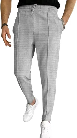 evzosrz Mens Casual Waffle Pants Pleated Front Slim Fit Straight Tapered Jogger Trousers Drawstring Workout Lounge Sweatpant