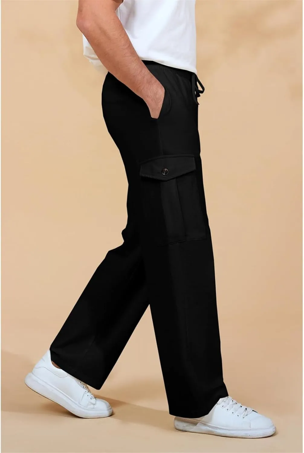 evzosrz Mens Casual Yoga Pants Elastic Waist Drawstring Trousers Casual Fall Beach Cargo Pant with Pockets