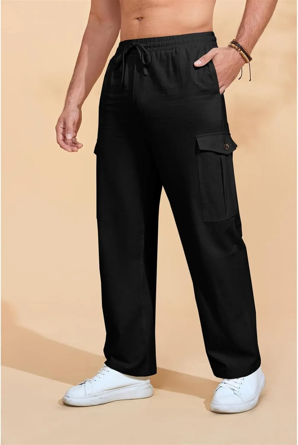 evzosrz Mens Casual Yoga Pants Elastic Waist Drawstring Trousers Casual Fall Beach Cargo Pant with Pockets