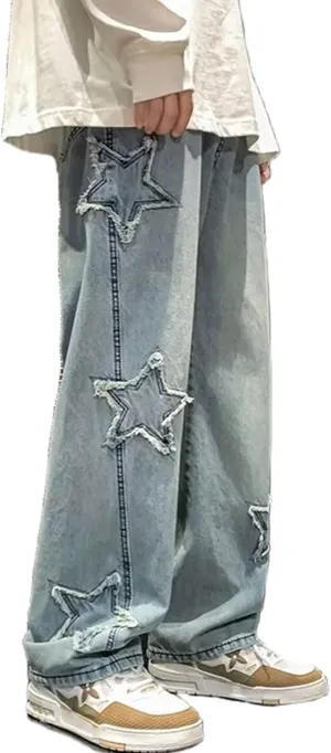FCOOLYEET Mens Y2k Jeans Hip Hop Baggy Star Denim Pants Straight Leg Demin Joggers Aesthetic Graphic Jeans Streetwear