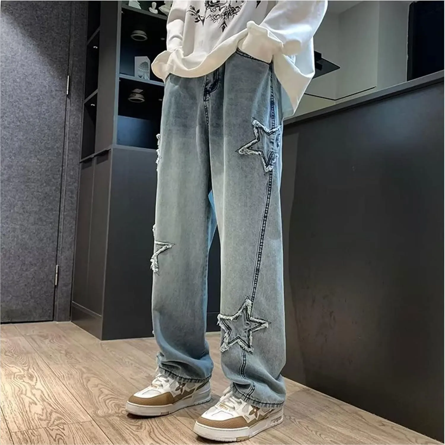 FCOOLYEET Mens Y2k Jeans Hip Hop Baggy Star Denim Pants Straight Leg Demin Joggers Aesthetic Graphic Jeans Streetwear