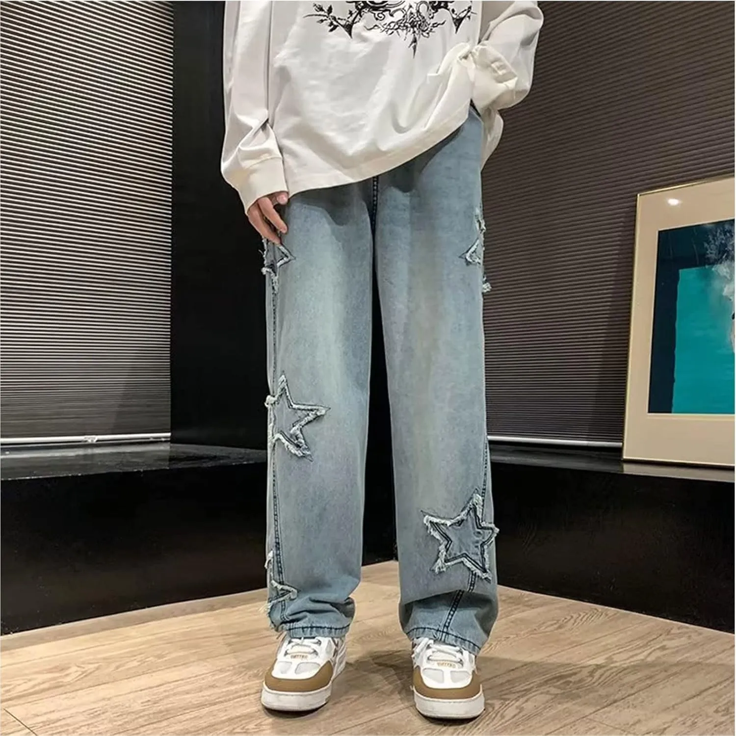 FCOOLYEET Mens Y2k Jeans Hip Hop Baggy Star Denim Pants Straight Leg Demin Joggers Aesthetic Graphic Jeans Streetwear