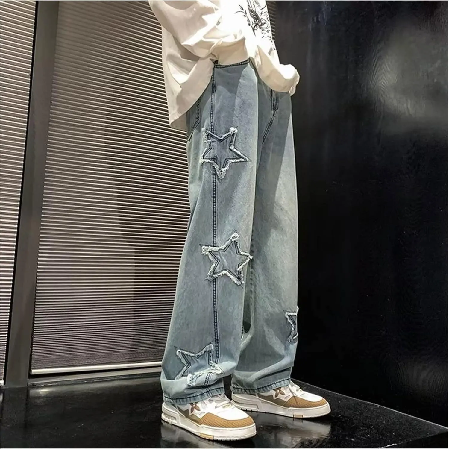 FCOOLYEET Mens Y2k Jeans Hip Hop Baggy Star Denim Pants Straight Leg Demin Joggers Aesthetic Graphic Jeans Streetwear