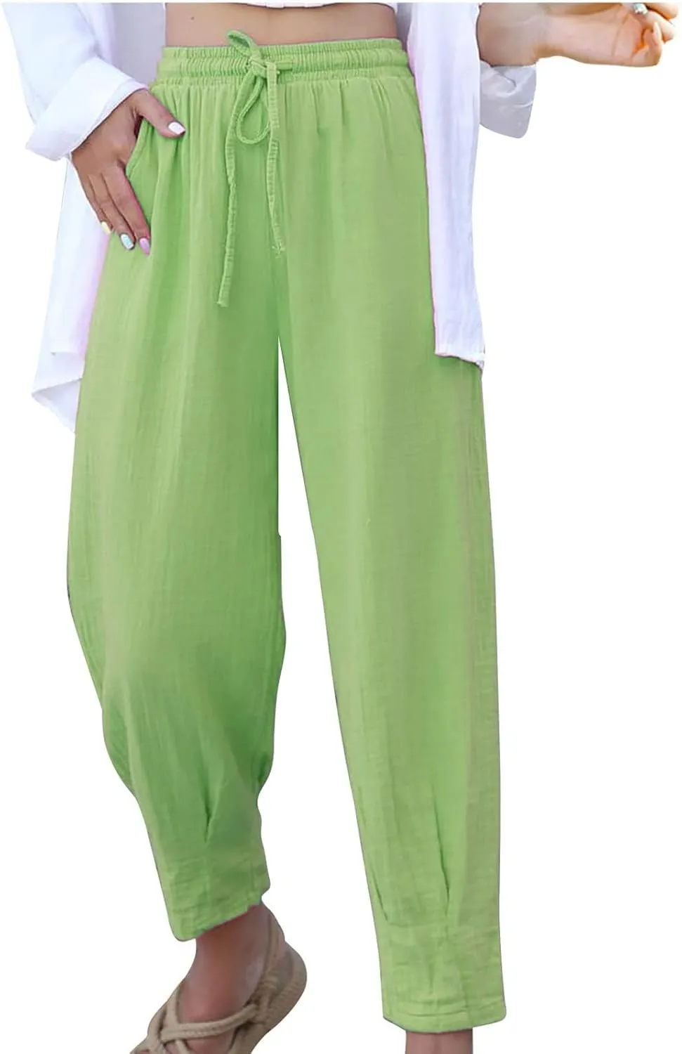 Firzero Womens Casual Pants for Summer Straight Leg Pants Elastic High Waist Flowy Trousers Comfy Loose Fit Beach Slacks