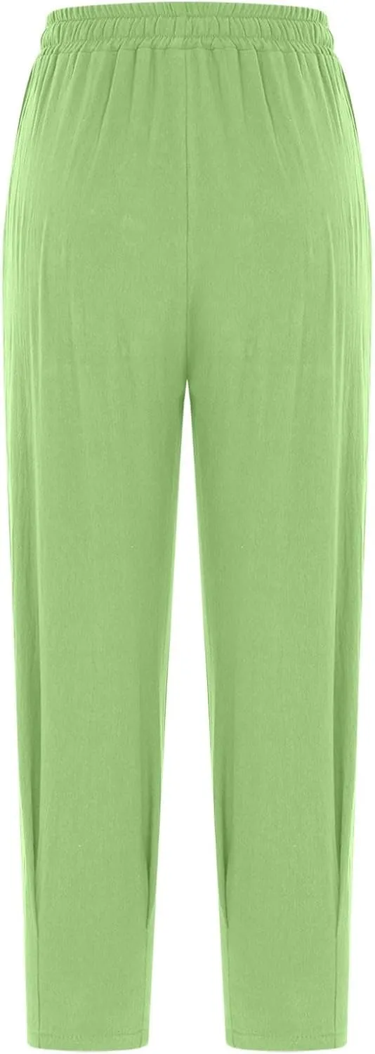 Firzero Womens Casual Pants for Summer Straight Leg Pants Elastic High Waist Flowy Trousers Comfy Loose Fit Beach Slacks
