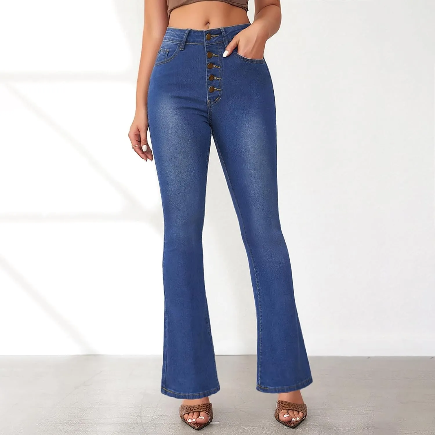 FQZWONG High Waisted Bell Bottom Jeans for Women Plus Size Wide Leg Flare Jeans Slim Fit Solid Stretch Denim Pants