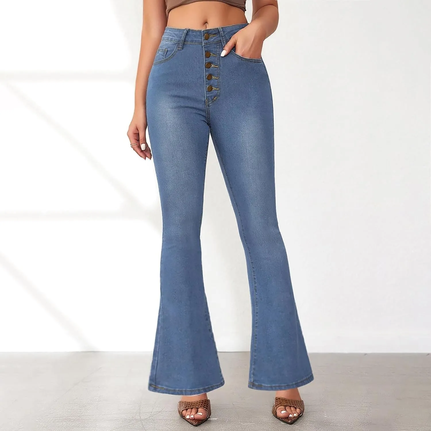 FQZWONG High Waisted Bell Bottom Jeans for Women Plus Size Wide Leg Flare Jeans Slim Fit Solid Stretch Denim Pants