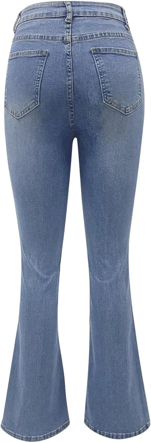 FQZWONG High Waisted Bell Bottom Jeans for Women Plus Size Wide Leg Flare Jeans Slim Fit Solid Stretch Denim Pants