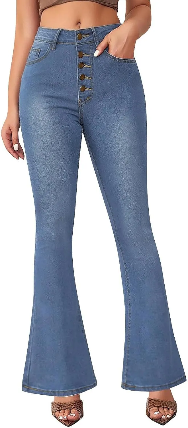 FQZWONG High Waisted Bell Bottom Jeans for Women Plus Size Wide Leg Flare Jeans Slim Fit Solid Stretch Denim Pants