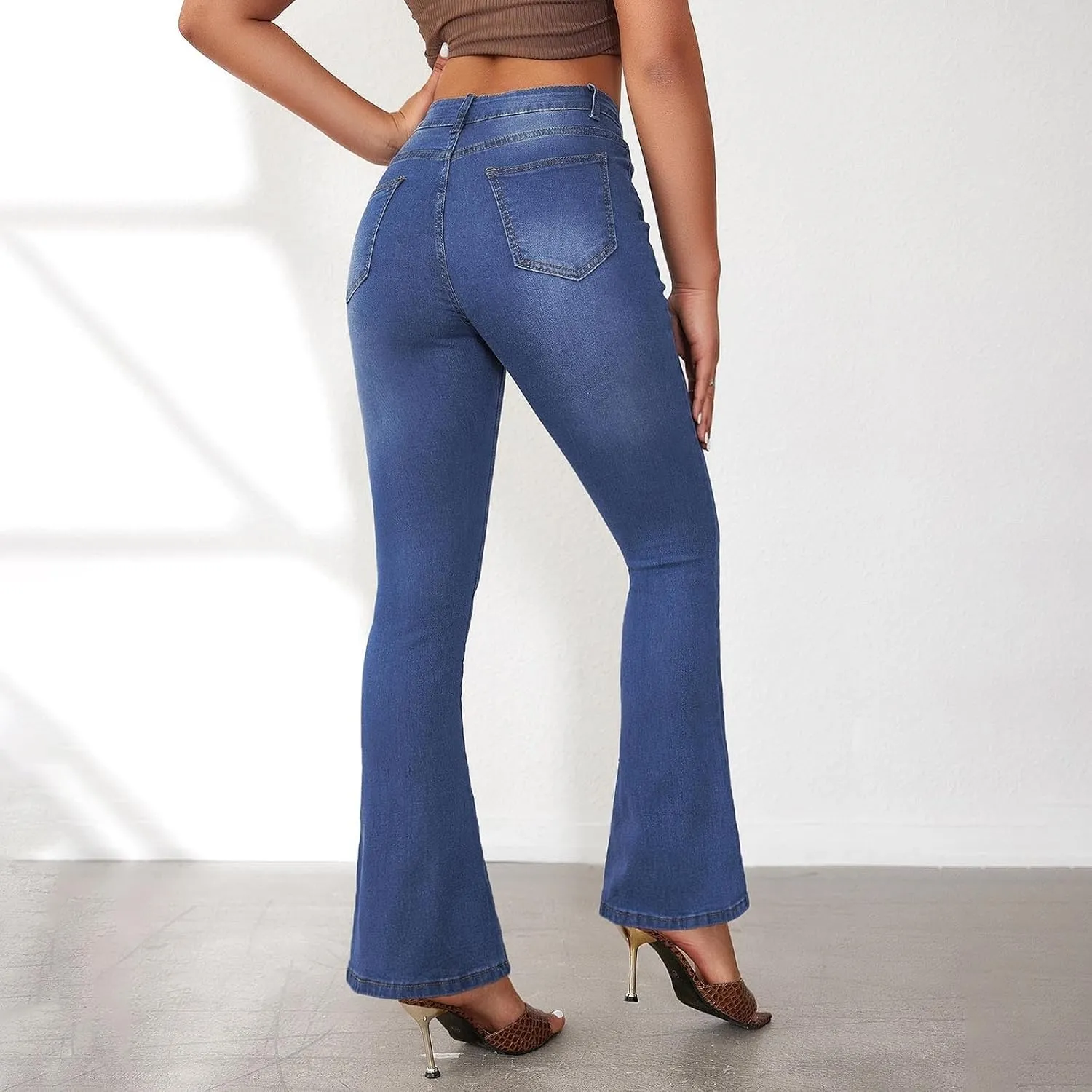FQZWONG High Waisted Bell Bottom Jeans for Women Plus Size Wide Leg Flare Jeans Slim Fit Solid Stretch Denim Pants