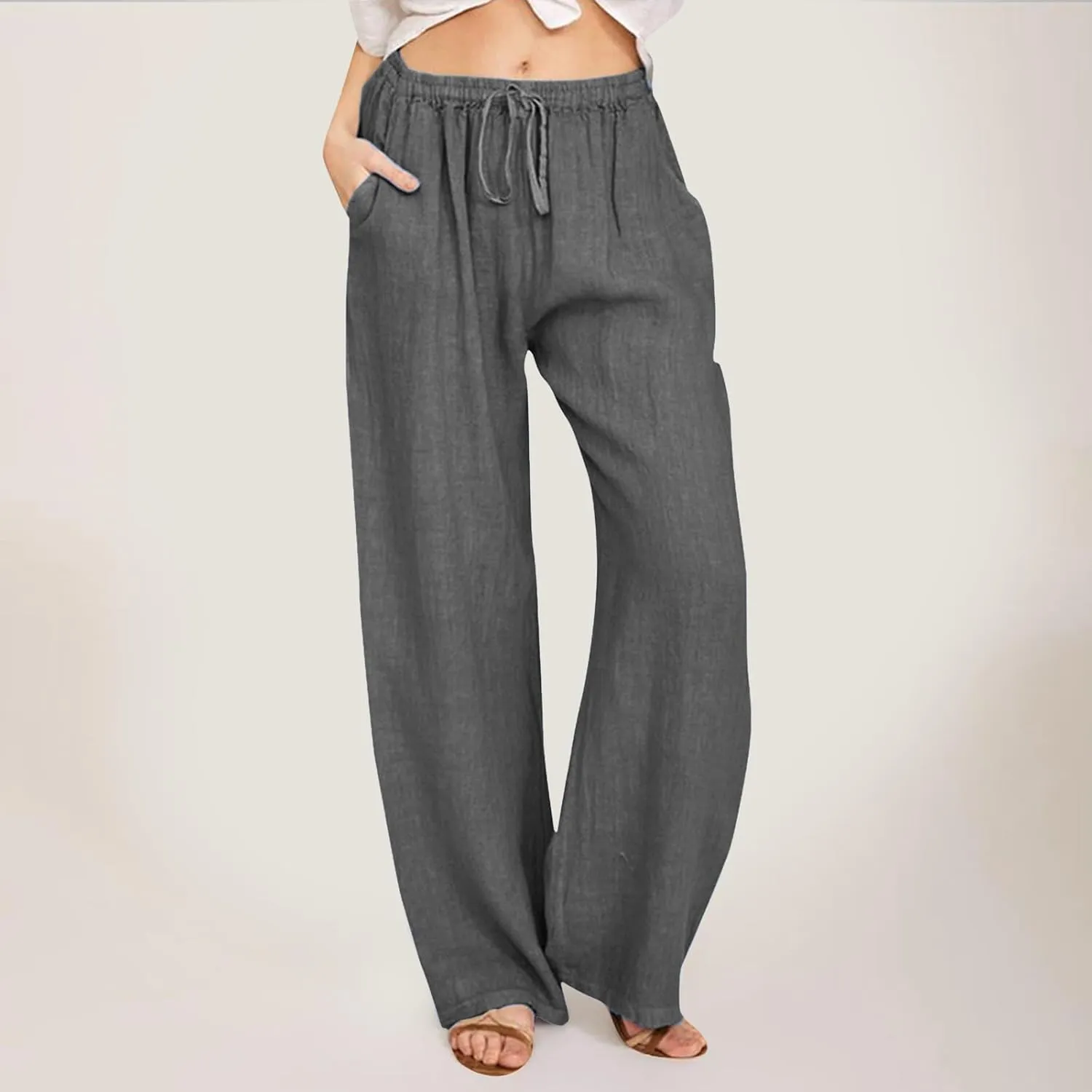FZVYD Women's Cotton Linen Pants 2024 Summer Wide Leg Casual Loose Drawstring Low Waist Palazzo Pants Trousers with Pockets
