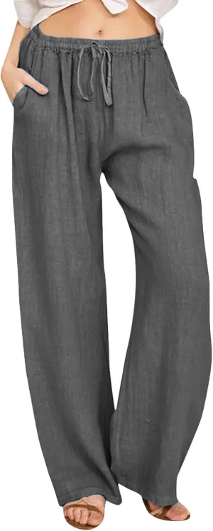FZVYD Women's Cotton Linen Pants 2024 Summer Wide Leg Casual Loose Drawstring Low Waist Palazzo Pants Trousers with Pockets