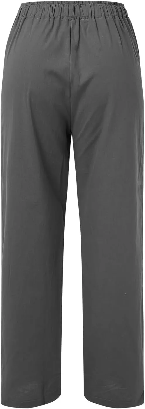 FZVYD Women's Cotton Linen Pants 2024 Summer Wide Leg Casual Loose Drawstring Low Waist Palazzo Pants Trousers with Pockets