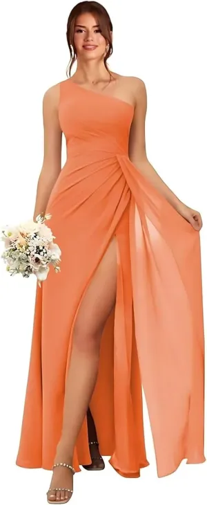GDJDIFK One Shoulder Bridesmaid Dresses for Women Pleated Chiffon Formal Dress A-Line Wedding Guest Gown with Slit
