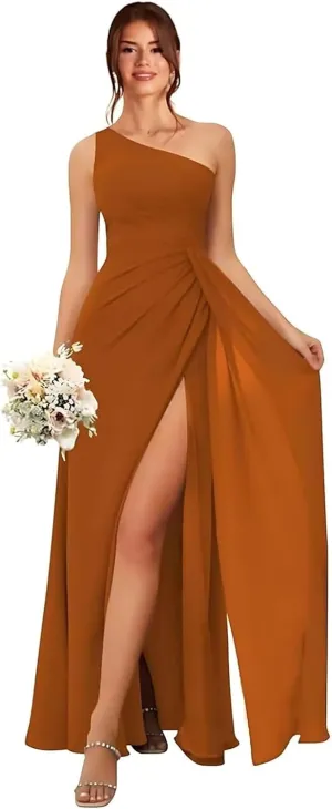 GDJDIFK One Shoulder Bridesmaid Dresses for Women Pleated Chiffon Formal Dress A-Line Wedding Guest Gown with Slit