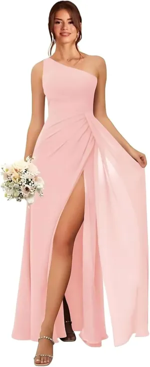 GDJDIFK One Shoulder Bridesmaid Dresses for Women Pleated Chiffon Formal Dress A-Line Wedding Guest Gown with Slit