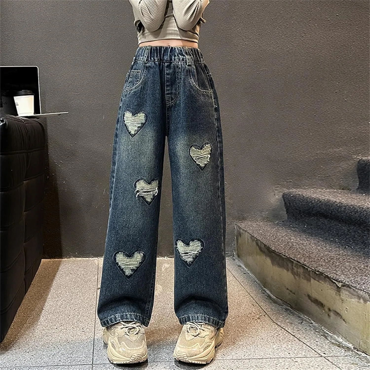 Girls Jeans Streetwear Denim Cargo Pants High Waist Floor Length Baggy Wide Leg Jeans Size 8 10 12 14 16
