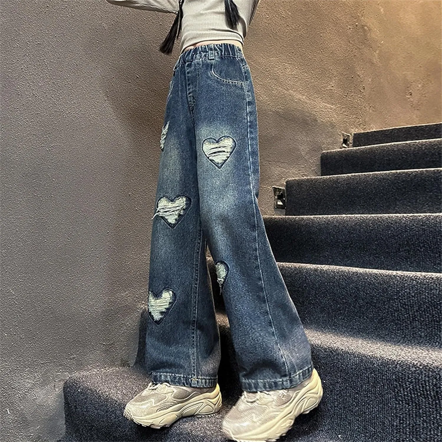 Girls Jeans Streetwear Denim Cargo Pants High Waist Floor Length Baggy Wide Leg Jeans Size 8 10 12 14 16