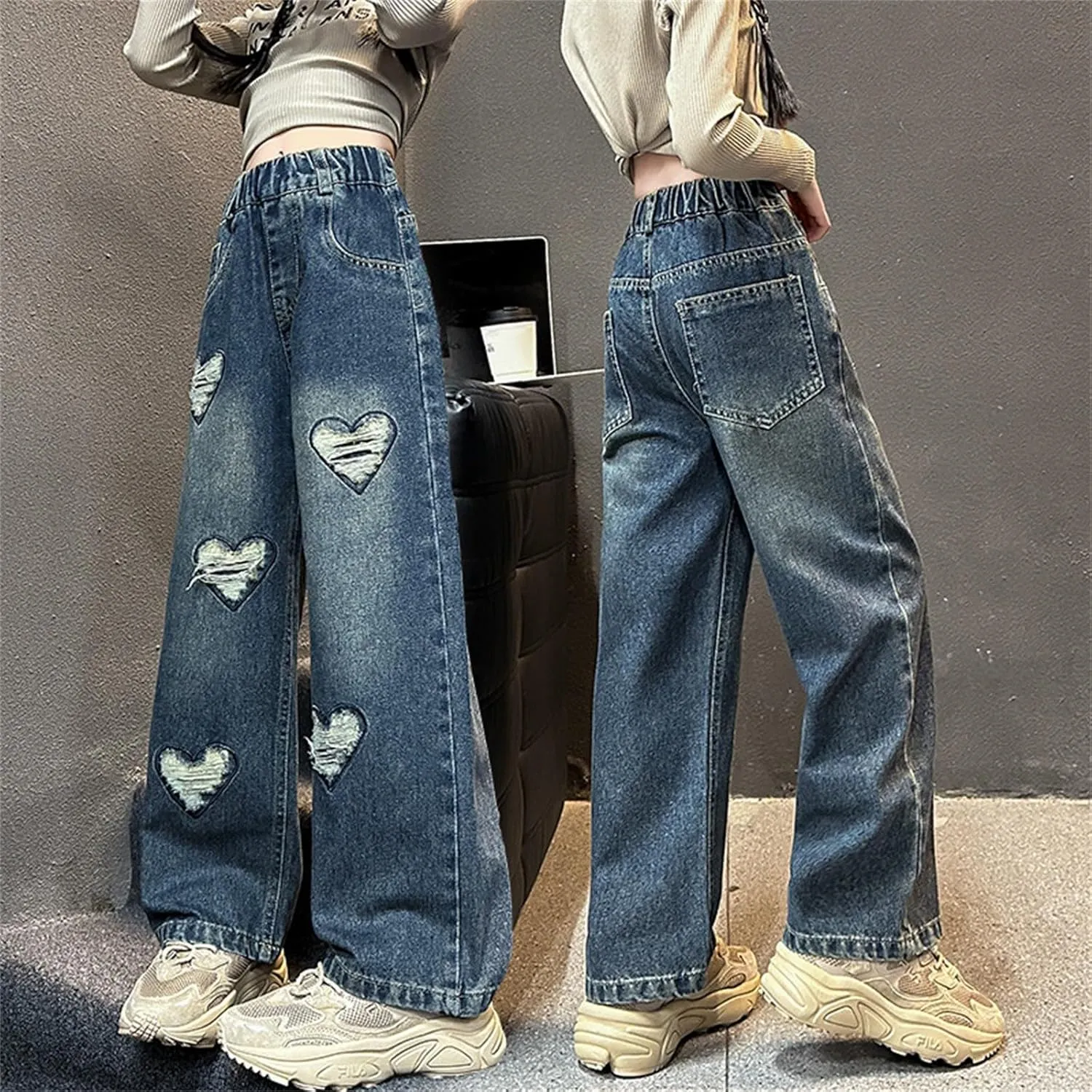 Girls Jeans Streetwear Denim Cargo Pants High Waist Floor Length Baggy Wide Leg Jeans Size 8 10 12 14 16
