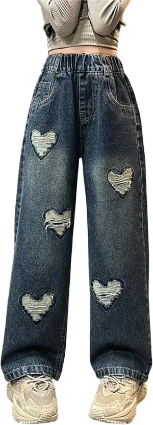 Girls Jeans Streetwear Denim Cargo Pants High Waist Floor Length Baggy Wide Leg Jeans Size 8 10 12 14 16