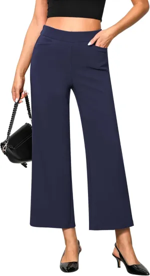 GRAPENT Cropped Pants for Women Trendy Business Casual High Waisted Pull On Wide Leg Stretchy Dress Pants with Pockets