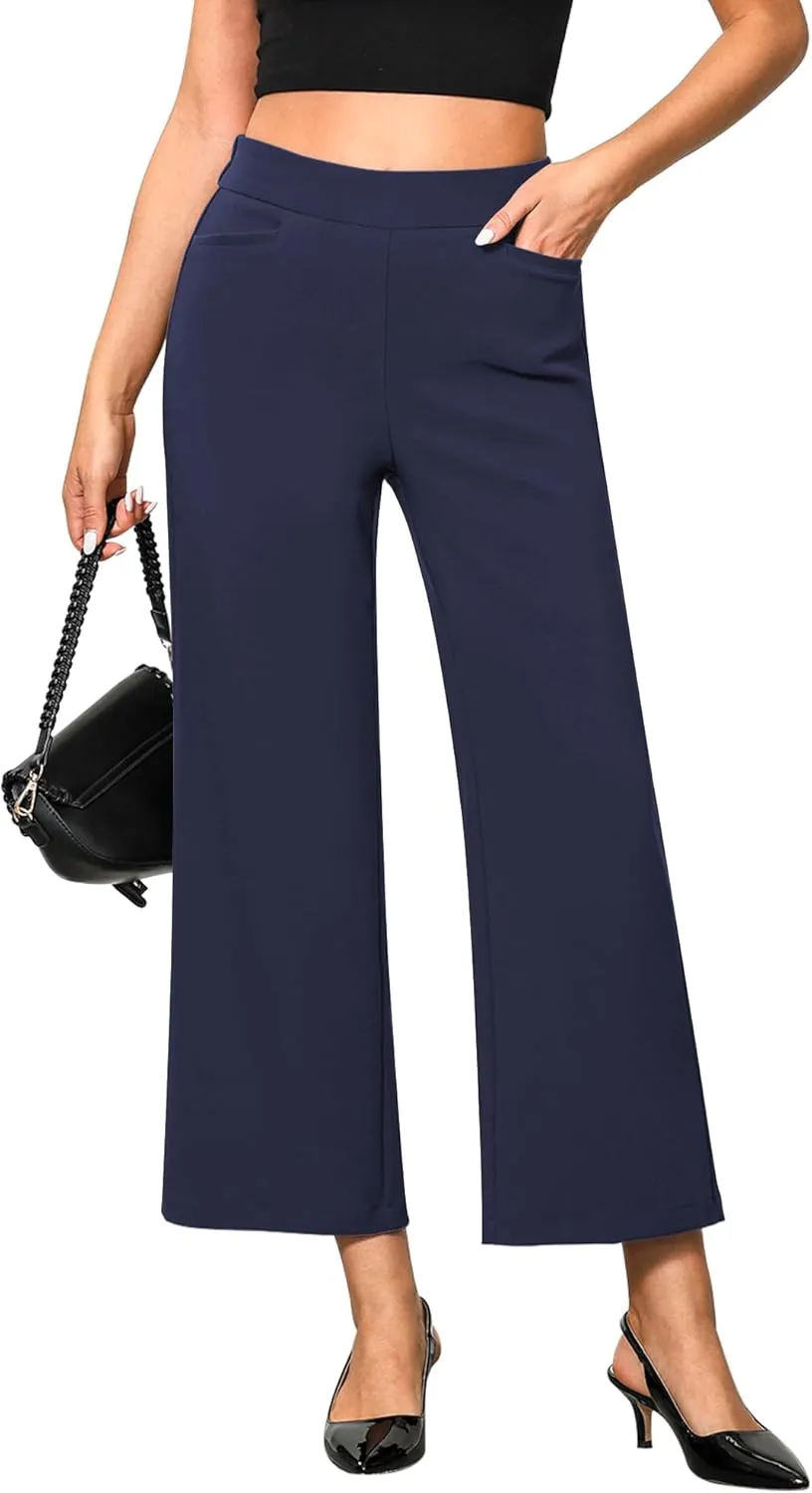 GRAPENT Cropped Pants for Women Trendy Business Casual High Waisted Pull On Wide Leg Stretchy Dress Pants with Pockets