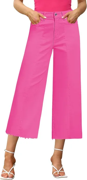 GRAPENT Jean Capris for Women Wide Leg Jeans High Waisted Seamed Front Raw Hem Denim Capri Pants Stretchy