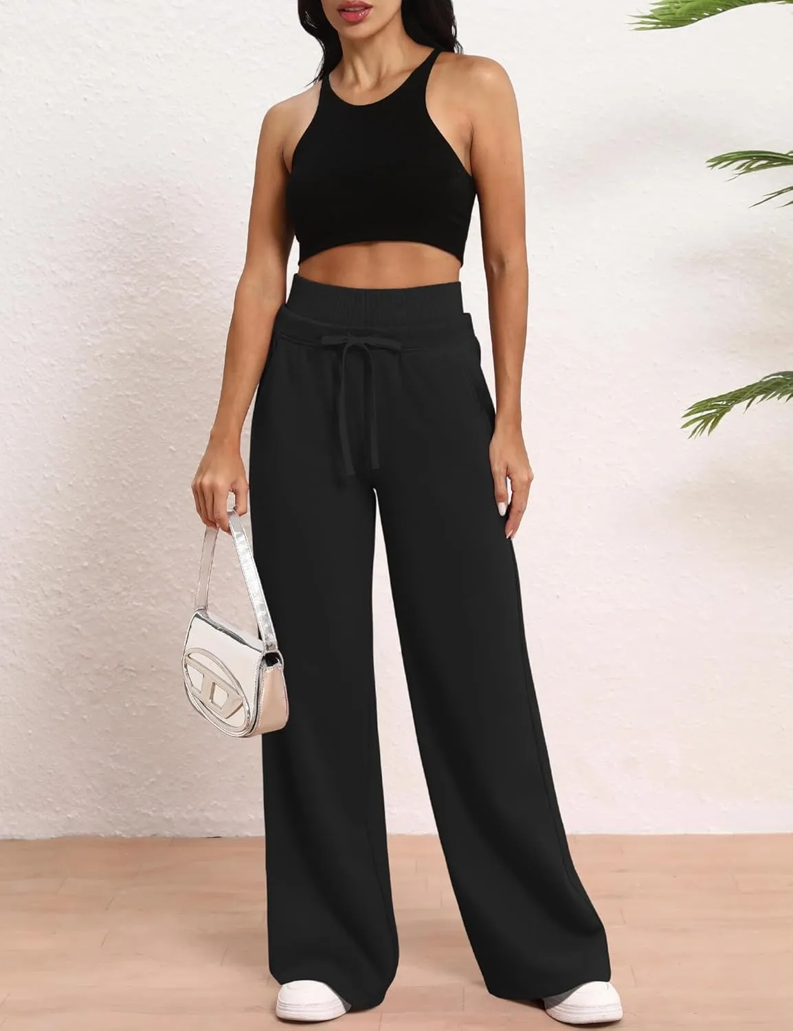 HeSaYep Women's Wide Leg Sweatpants Double Waisted Baggy Sweat Pants with Pockets