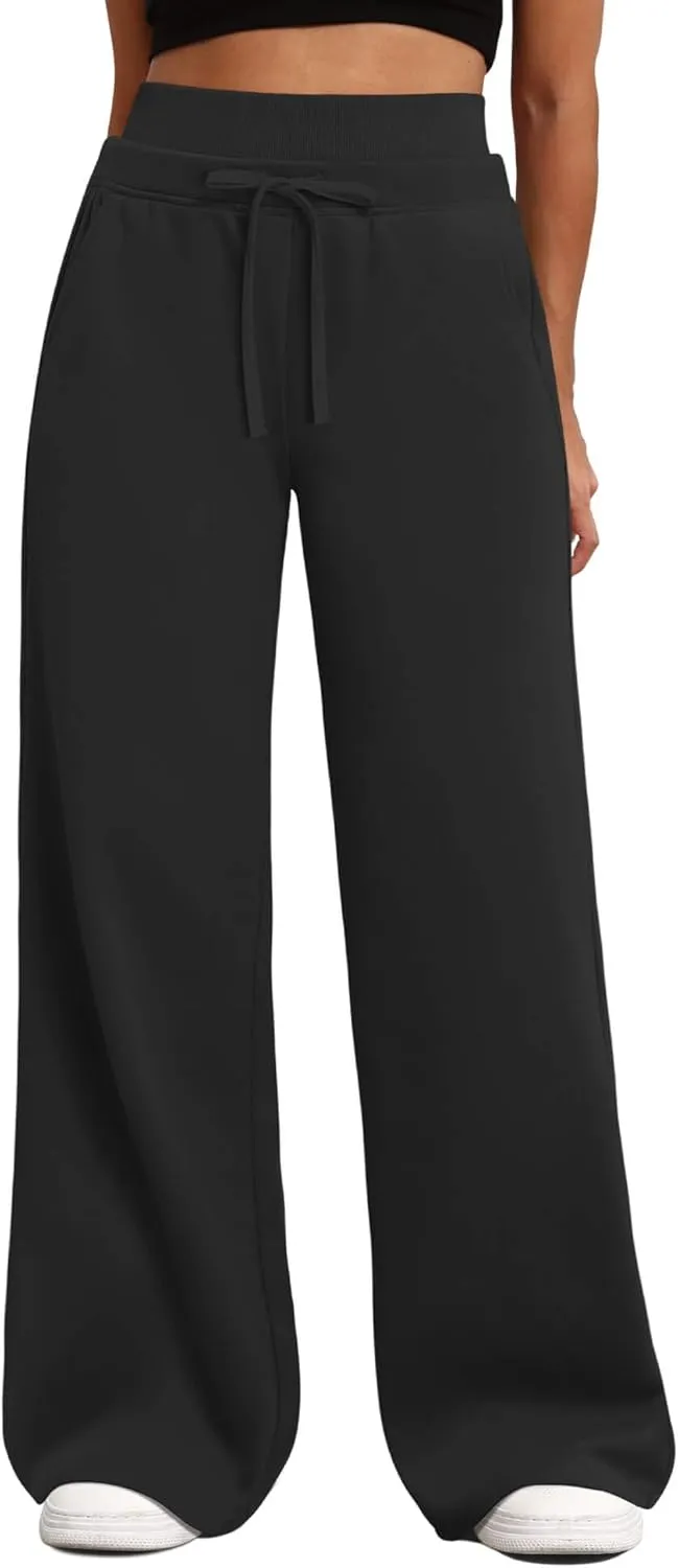 HeSaYep Women's Wide Leg Sweatpants Double Waisted Baggy Sweat Pants with Pockets
