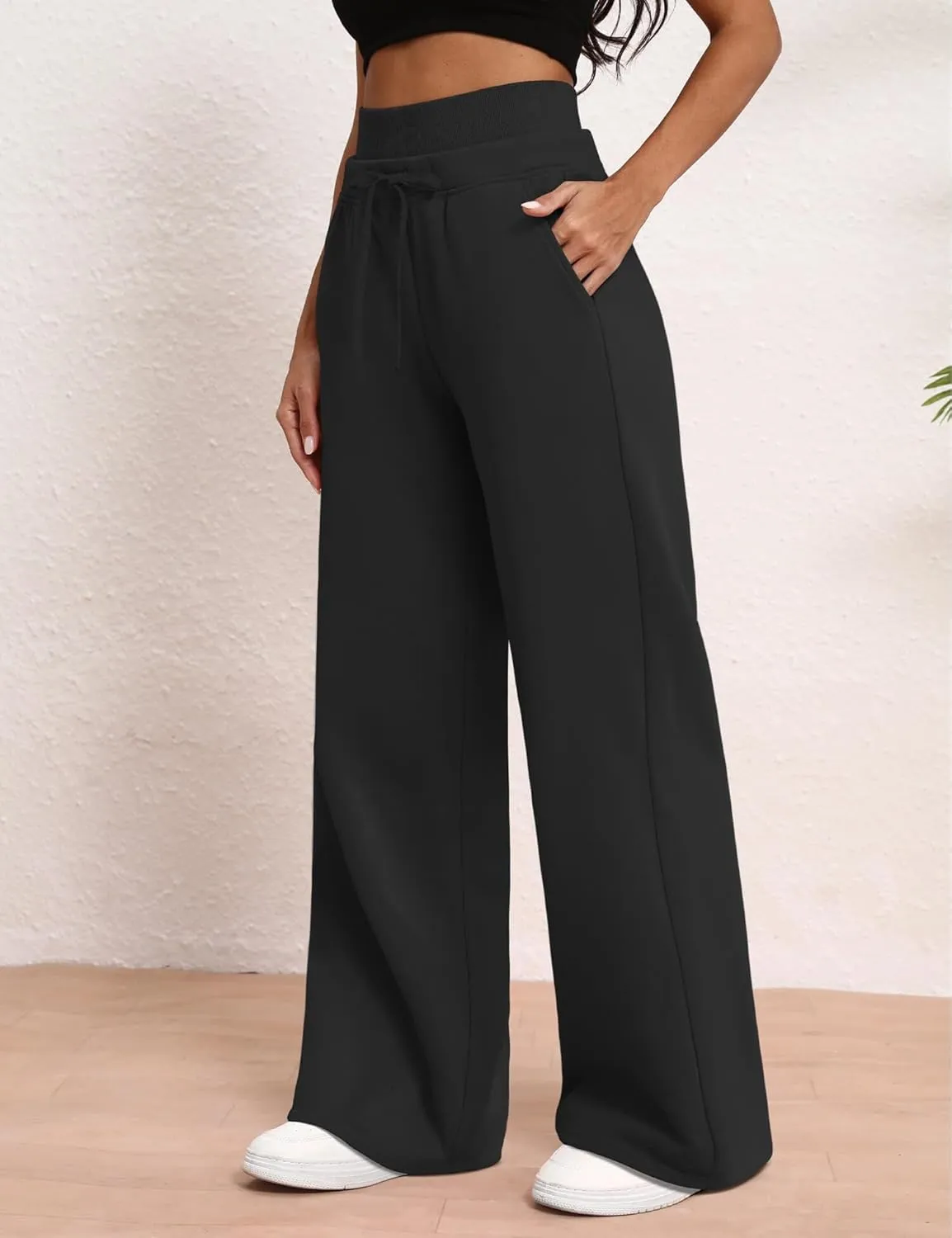 HeSaYep Women's Wide Leg Sweatpants Double Waisted Baggy Sweat Pants with Pockets