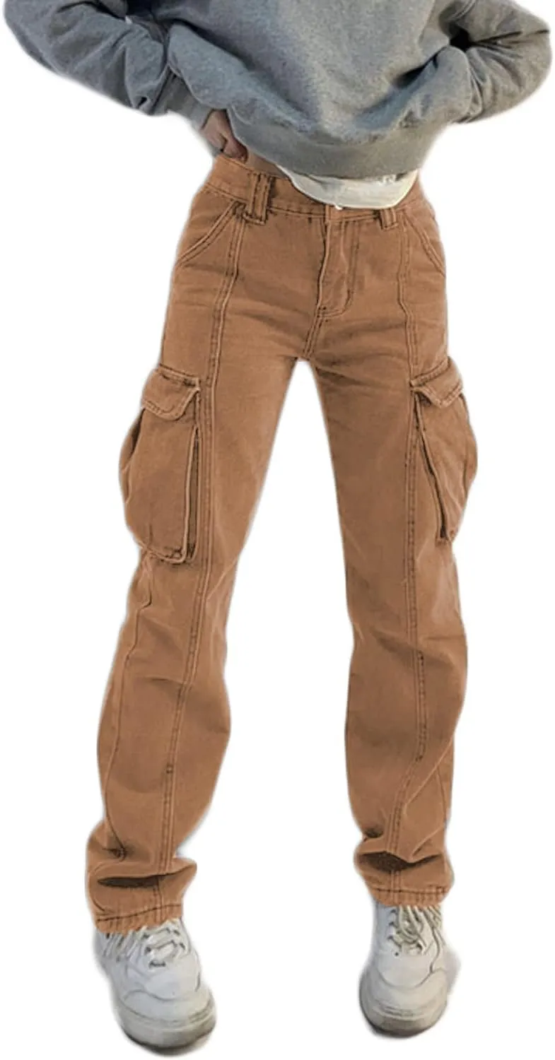 High Rise Boyfriend Jeans for Women Y2K Baggy Straight Wide Leg Cargo Jeans Denim Pants Streetwear with Pockets