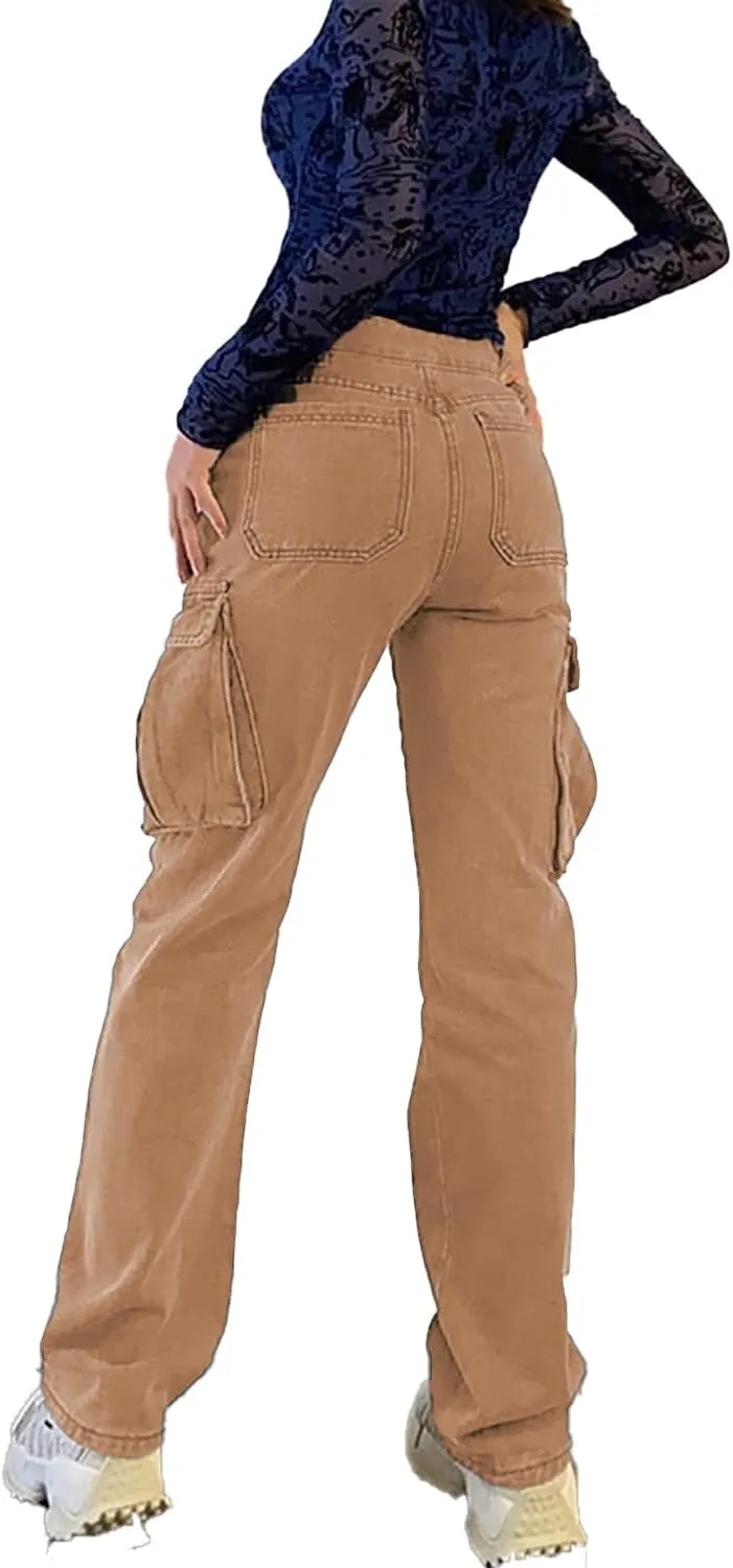 High Rise Boyfriend Jeans for Women Y2K Baggy Straight Wide Leg Cargo Jeans Denim Pants Streetwear with Pockets
