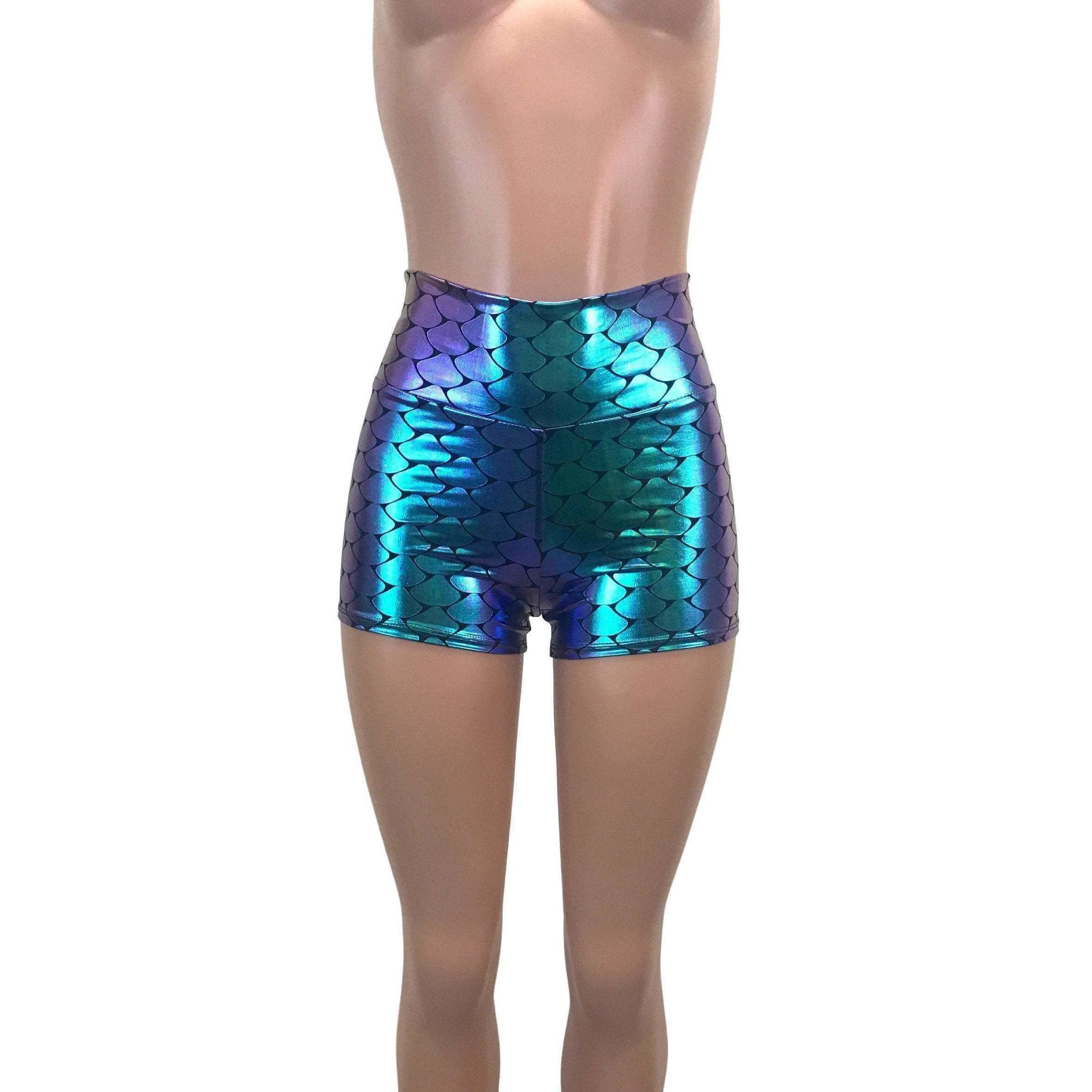High Waisted Booty Shorts - Holographic Mermaid Scales