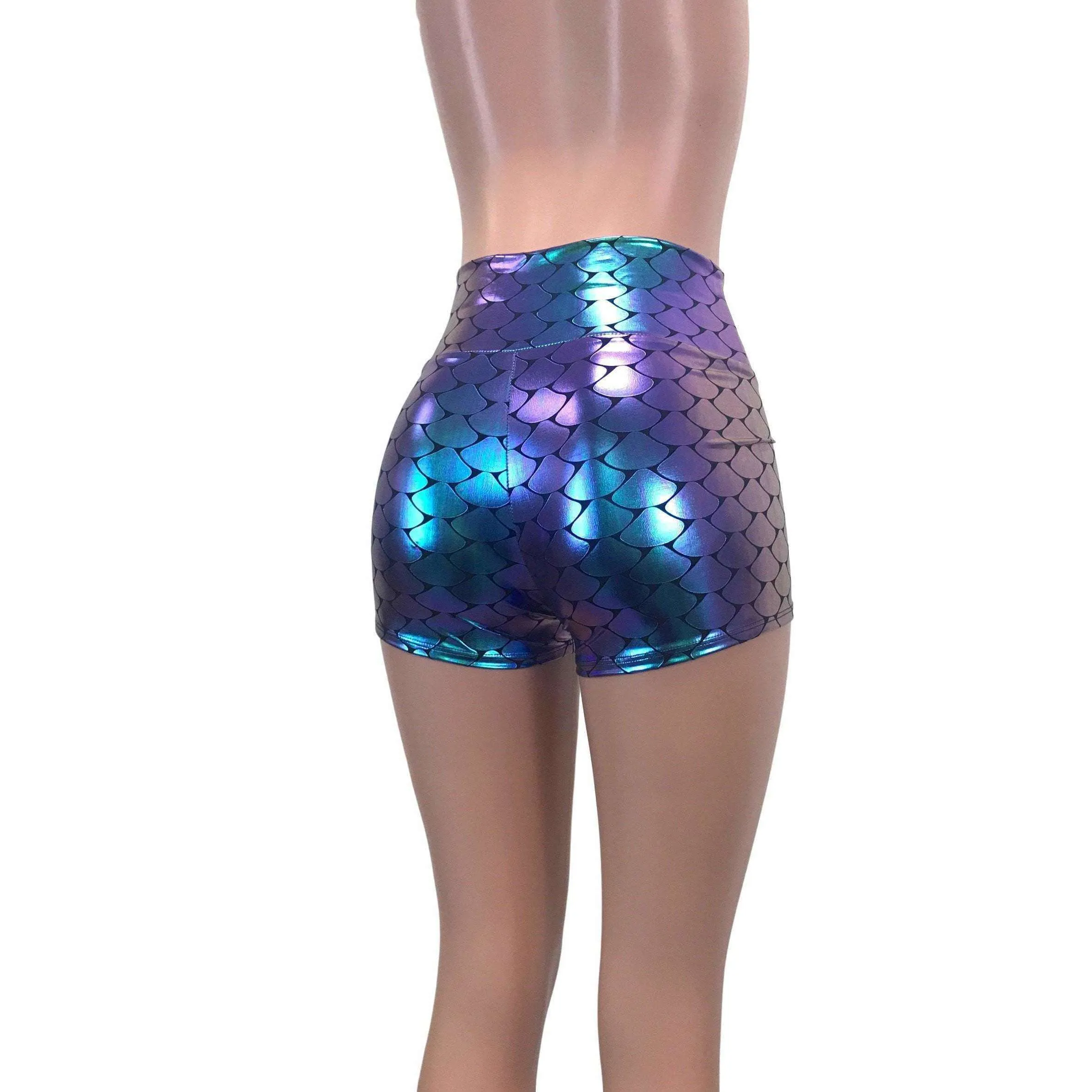 High Waisted Booty Shorts - Holographic Mermaid Scales