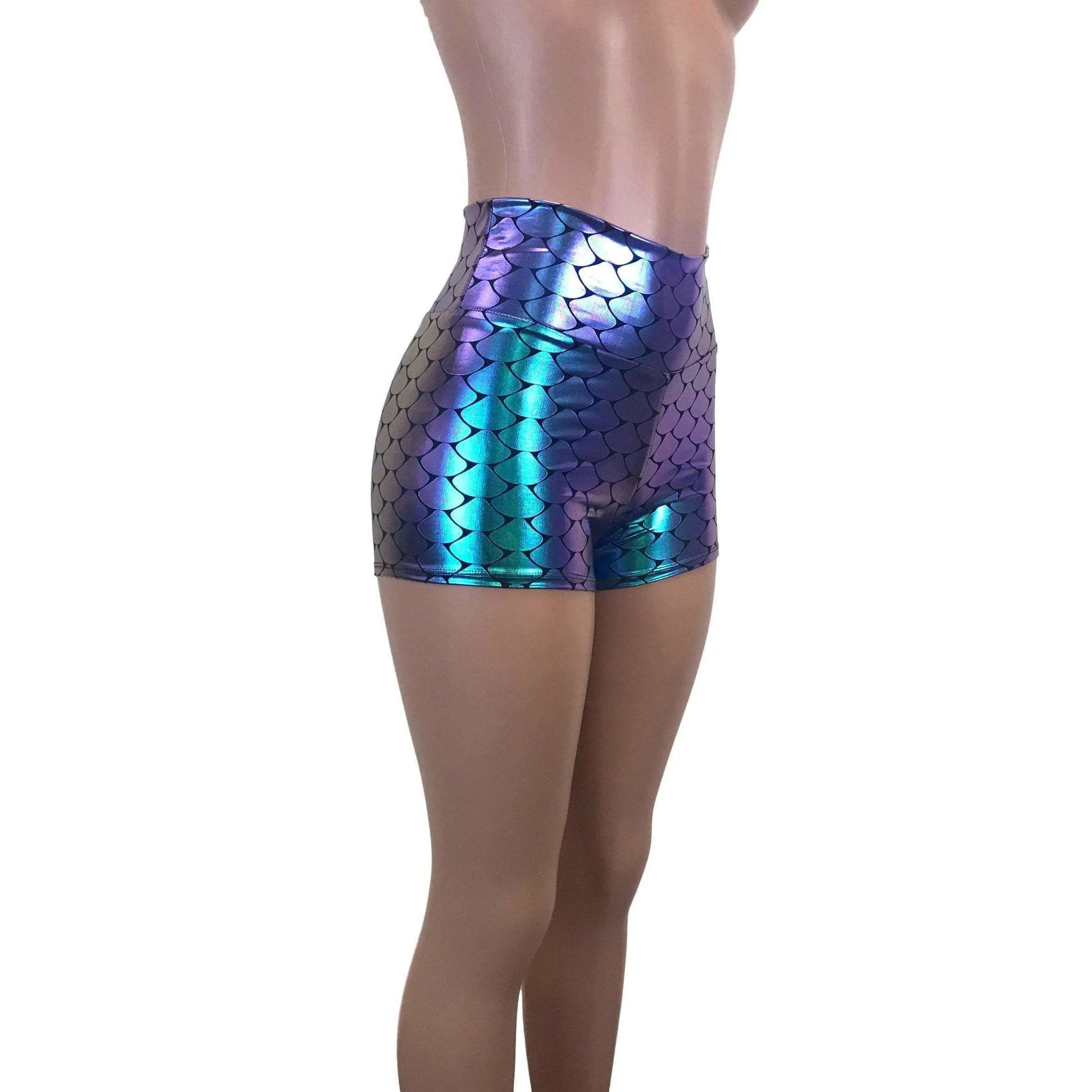 High Waisted Booty Shorts - Holographic Mermaid Scales