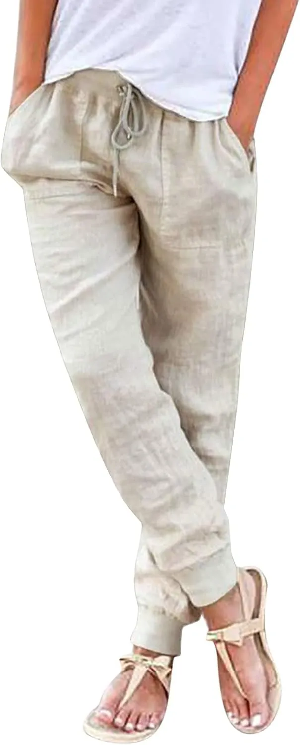 High Waisted Trousers Women Casual Ankle Length Tapered Pant Linen Drawstring Waist Summer Casual Pull On Sweatpant