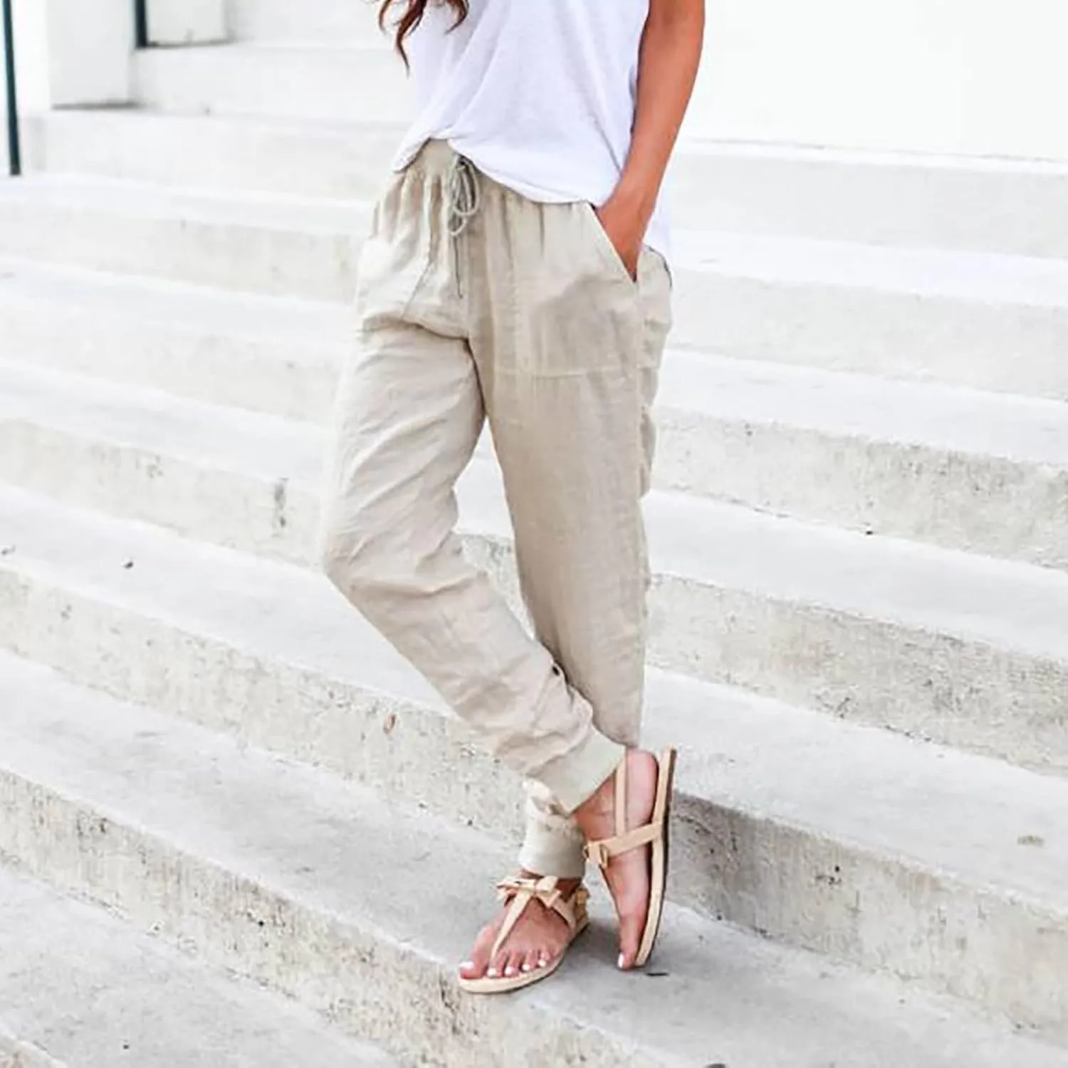 High Waisted Trousers Women Casual Ankle Length Tapered Pant Linen Drawstring Waist Summer Casual Pull On Sweatpant