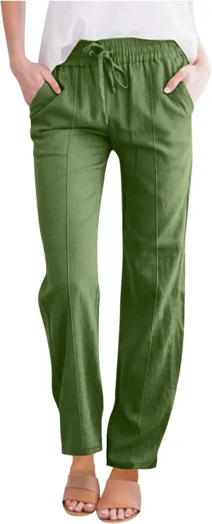 Hvyesh Womens Casual Linen Pants High Waist Drawstring Loose Fit Summer Pants Straight Leg Trousers with Pockets