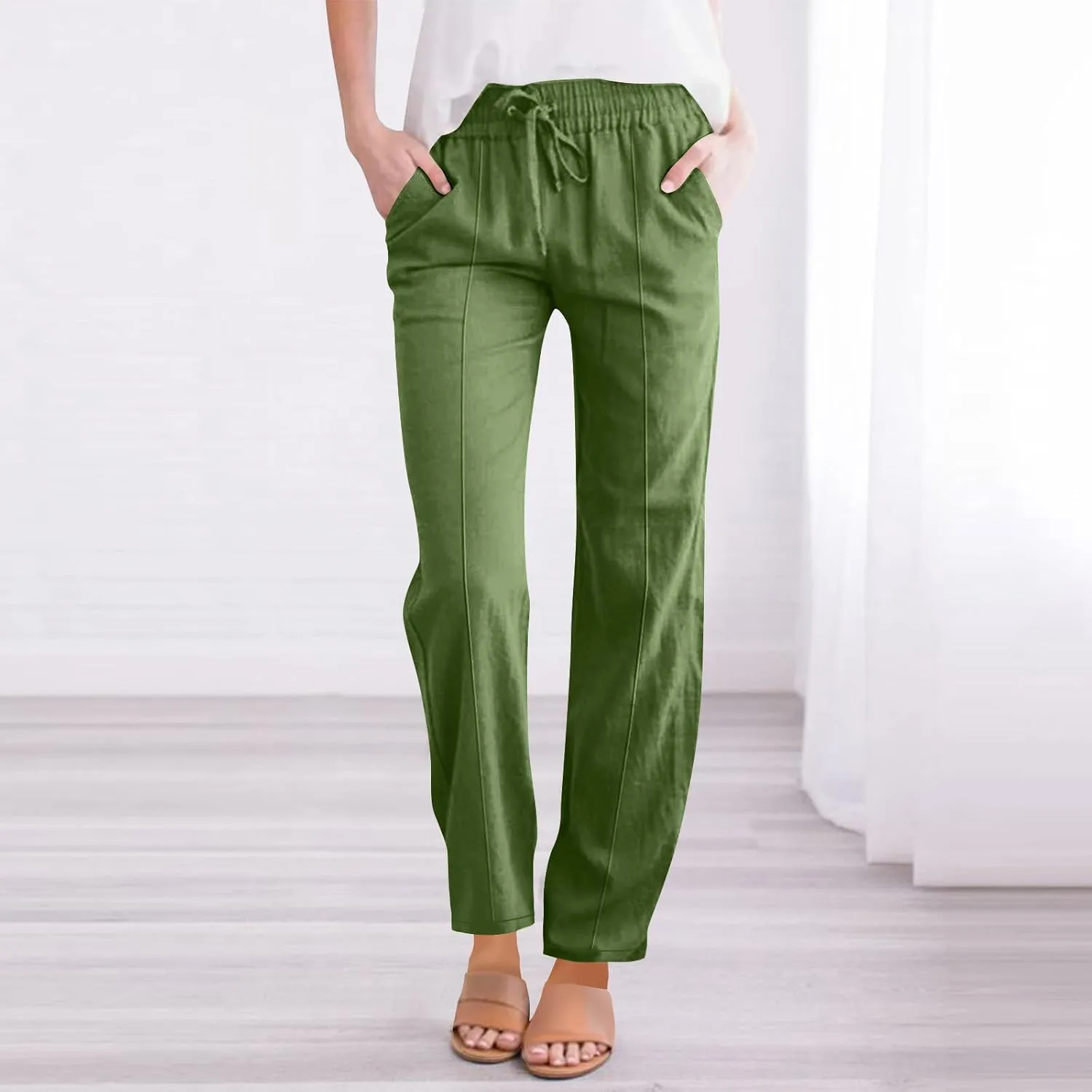 Hvyesh Womens Casual Linen Pants High Waist Drawstring Loose Fit Summer Pants Straight Leg Trousers with Pockets