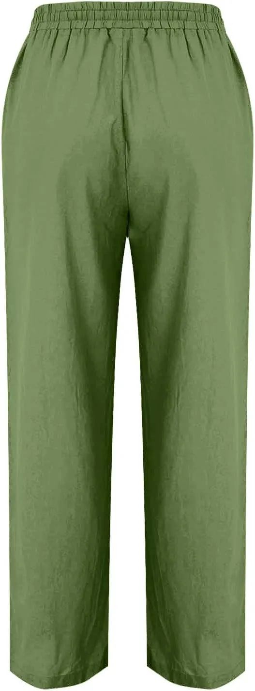 Hvyesh Womens Casual Linen Pants High Waist Drawstring Loose Fit Summer Pants Straight Leg Trousers with Pockets